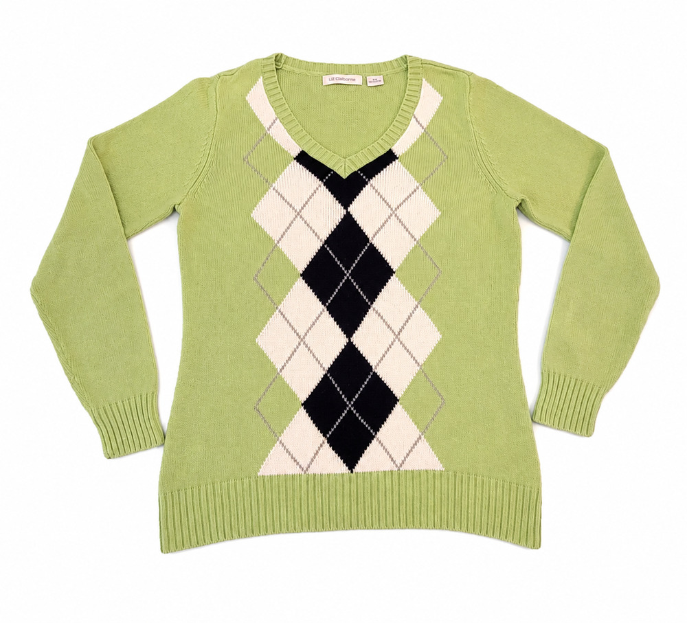 Liz Claiborne Y2K Argyle Sweater Womens M Green White Cotton V Neck Preppy Golf